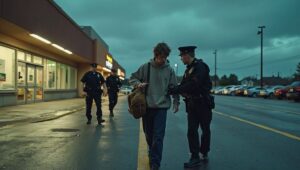 A dramatic scene in Pico Rivera showing Adrian Andrew Martinez being restrained by federal officers in a supermarket parking lot