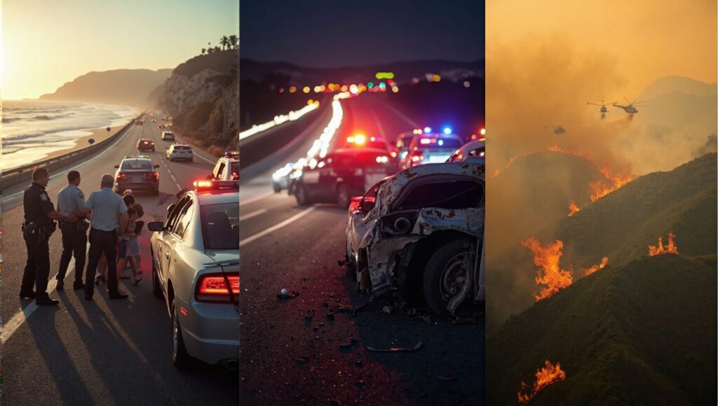 A composite news-style illustration showing three major California events on August 29, 2025: wildfires with orange smoke in Napa County, a fatal freeway crash in Temecula with wrecked cars, and a dramatic police chase ending in Malibu with children rescued.