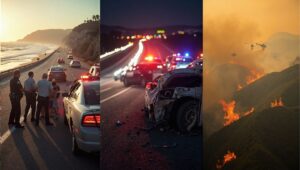A composite news-style illustration showing three major California events on August 29, 2025: wildfires with orange smoke in Napa County, a fatal freeway crash in Temecula with wrecked cars, and a dramatic police chase ending in Malibu with children rescued.