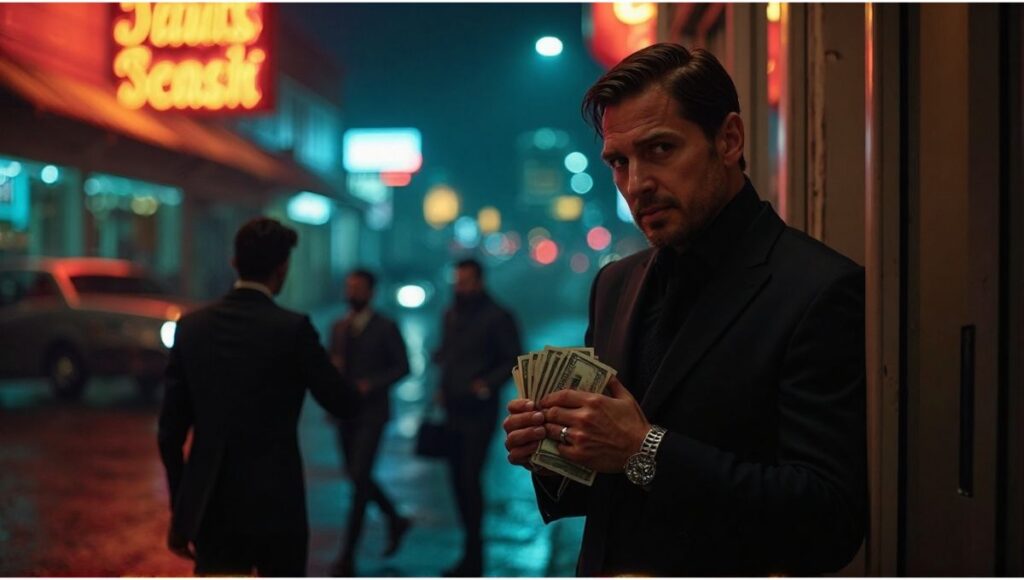 "Poker player leaving a Houston club at night, stalked by criminals in a tense urban setting."