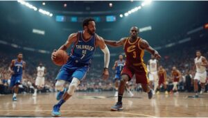 "Illustration of 2024-25 NBA season standings featuring Oklahoma City Thunder leading the Western Conference and Cleveland Cavaliers topping the Eastern Conference, with fans celebrating in a packed basketball arena."