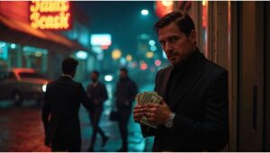 "Poker player leaving a Houston club at night, stalked by criminals in a tense urban setting."