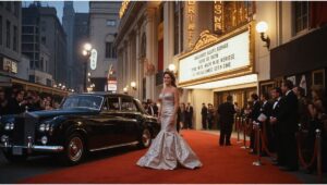 Symbolic illustration of Hollywood celebrity life with a luxury yacht, red carpet, city skyline, dancers, money, and glamorous lights.