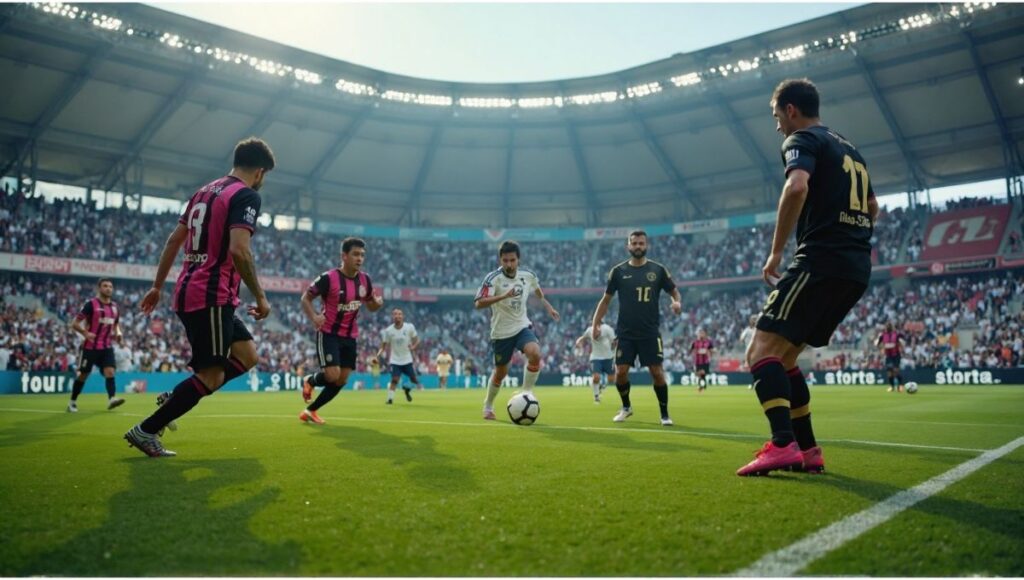 illusion Inter Miami against LAFC in a Major League Soccer match, dribbling the ball under stadium lights