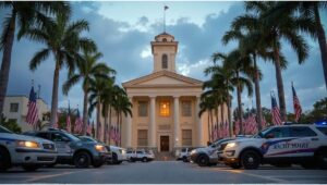 Florida courthouse with police cars and palm trees in an editorial news-style photo