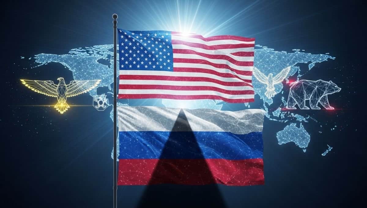 "Digital illustration of US-Russia political rivalry with American flag overshadowing Russian flag, world map background, and dramatic light effects."