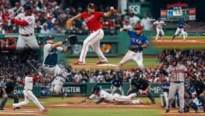 A dramatic baseball collage showing MLB teams — Phillies, Nationals, Marlins, Red Sox, Rangers, Blue Jays, Brewers, Reds, Braves, and Guardians — competing under stadium lights