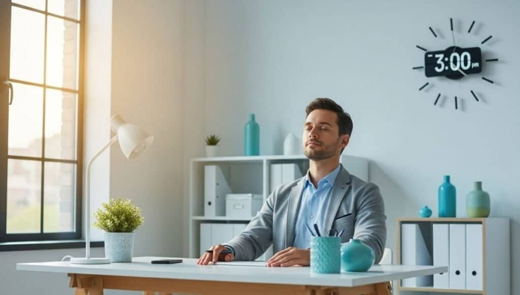 A professional sitting at a modern office desk with eyes closed, taking a one-minute breathing break. Soft sunlight enters through a window, and a wall clock shows 3:00 pm. The atmosphere is calm, minimalist, and soothing.