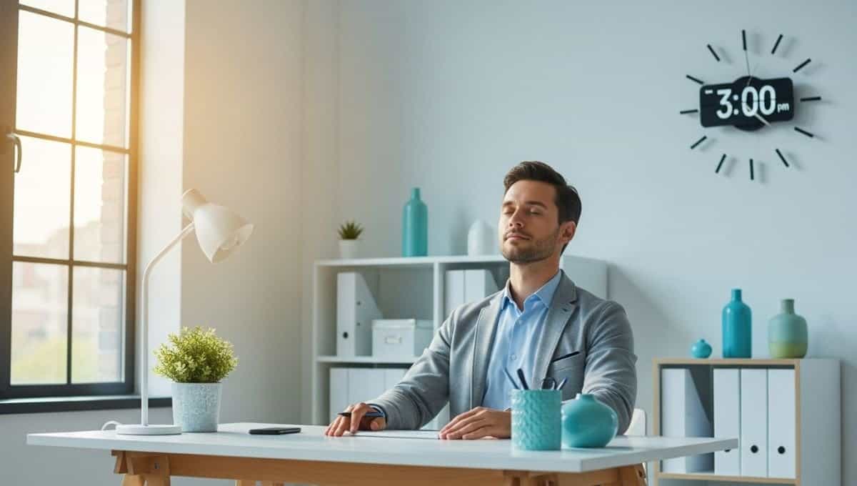 A professional sitting at a modern office desk with eyes closed, taking a one-minute breathing break. Soft sunlight enters through a window, and a wall clock shows 3:00 pm. The atmosphere is calm, minimalist, and soothing.