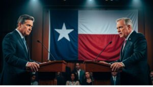 "Two realistic male politicians in suits debate on stage in Texas, standing at podiums with the Texas flag in the background under dramatic lighting."