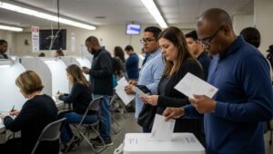 Voters in an American polling station using ballot boxes, voting machines, and mail-in envelopes during a tense election day.