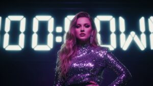 A glamorous female pop star with blonde hair standing in front of a glowing countdown clock, symbolizing a major music reveal.