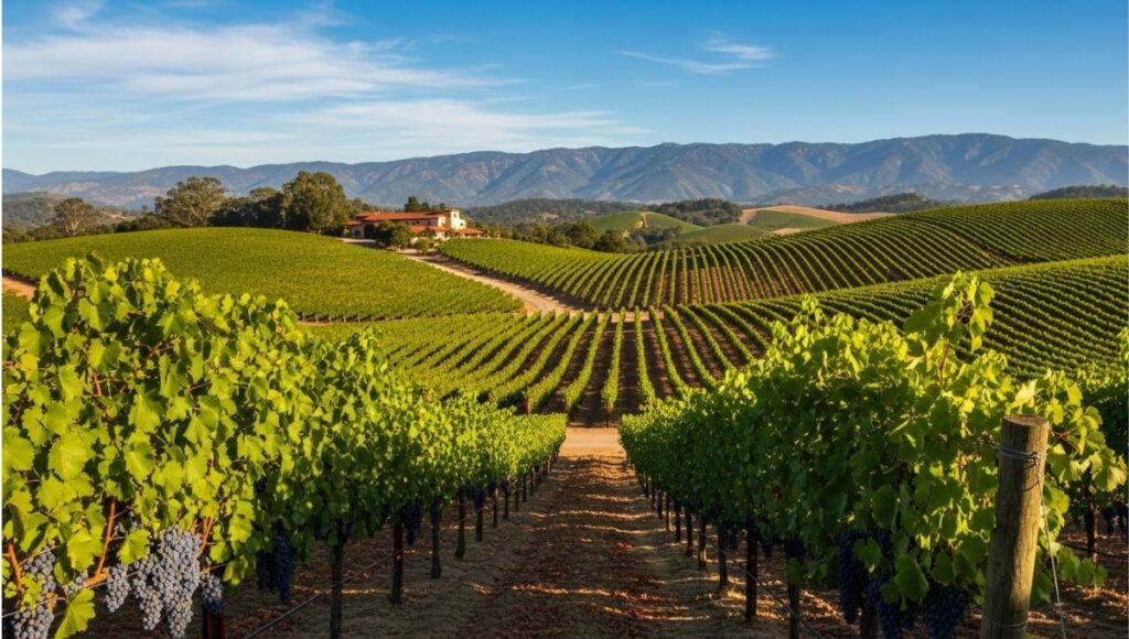 “Monterey County vineyard in California, showing lush grapevines and empty wine barrels under a sunset sky after the closure of the Vintners & Growers Association.”