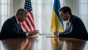 a tense meeting in Washington, symbolizing a pivotal moment in U.S.-Ukraine relations.