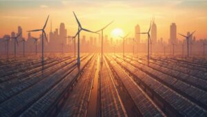 Illustration of Duke Energy’s clean energy transition with solar farms, wind turbines, and smart grid technology powering a modern American city