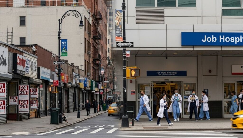 "New York City street showing closed retail stores alongside active healthcare facilities, symbolizing the city’s shifting job market."