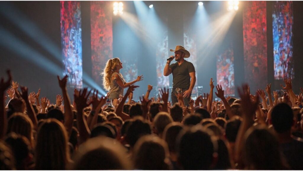 Country music stars performing live at Band Together Texas charity concert with cheering crowd
