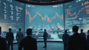 European stock market reacting to signs of peace; defense company stocks dropping, investors looking concerned, digital visualization of tanks and missiles fading in the background.