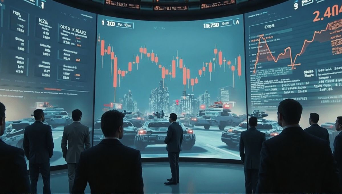 European stock market reacting to signs of peace; defense company stocks dropping, investors looking concerned, digital visualization of tanks and missiles fading in the background.