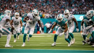Miami Dolphins player in action during a realistic NFL game against another team, with fans cheering in the background.