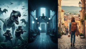 Realistic cinematic-style collage combining three themes: dinosaurs in a futuristic city, a haunted gothic mansion, and an emotional tennis match, representing different movie genres