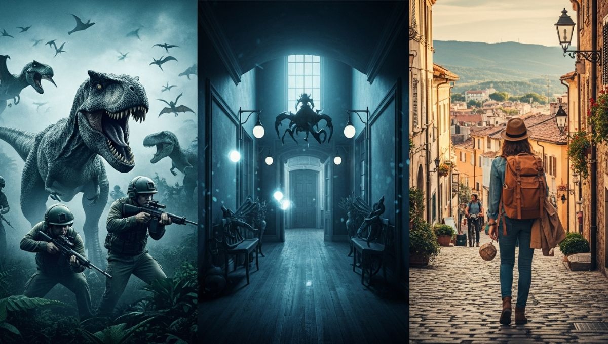 Realistic cinematic-style collage combining three themes: dinosaurs in a futuristic city, a haunted gothic mansion, and an emotional tennis match, representing different movie genres