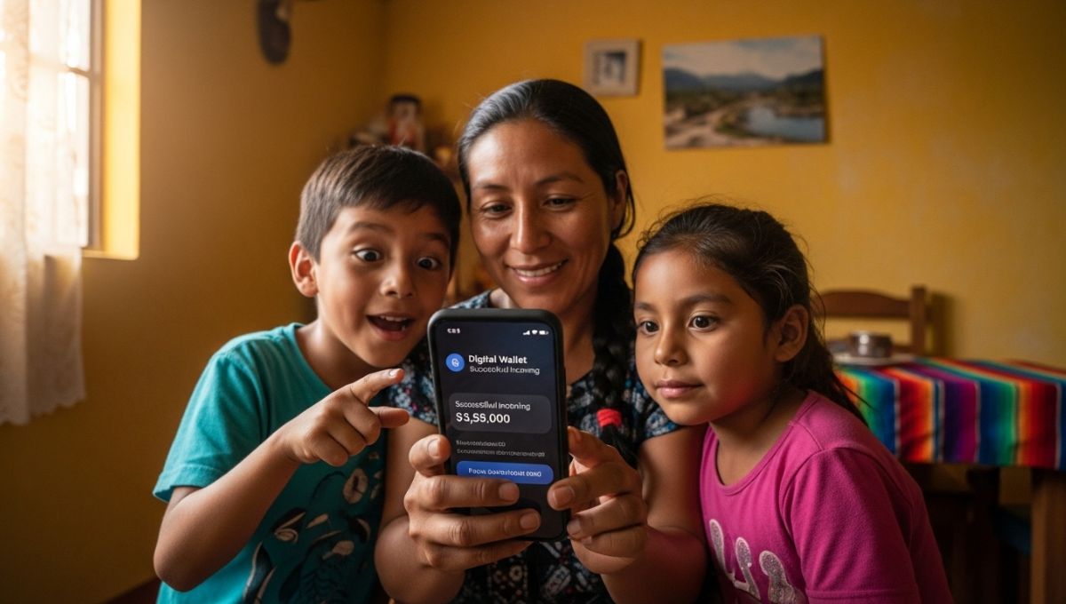 A Mexican family receiving money instantly on a smartphone through a blockchain transfer, symbolizing financial inclusion and digital innovation.