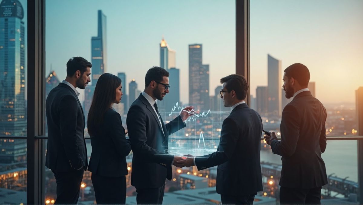 Illustration of the U.S. economic landscape in August 2025, featuring skyscrapers, stock market charts, and business professionals analyzing data, representing current economic trends and corporate investments.