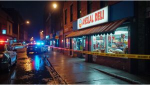 Brooklyn deli crime scene at night with police cars, flashing lights, and crime scene tape after a fatal stabbing over a cigarette.