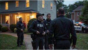 FBI agents conducting a raid at a suburban house, seizing documents and evidence during an early morning operation.
