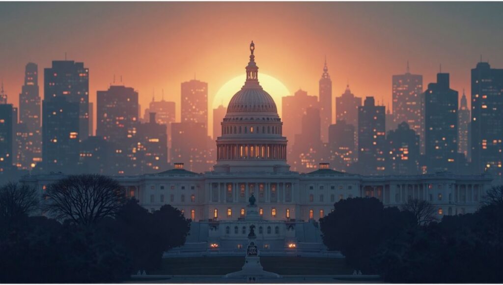 A symbolic editorial illustration of the U.S. Capitol between Wall Street and American factories, representing the Republican Party’s shift from free-market ideology to state economic intervention.
