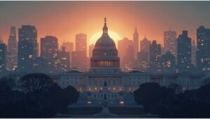 A symbolic editorial illustration of the U.S. Capitol between Wall Street and American factories, representing the Republican Party’s shift from free-market ideology to state economic intervention.