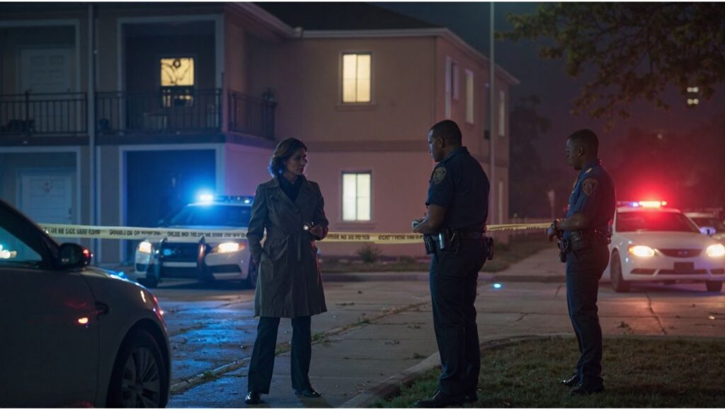 illusion Texas apartment crime scene at night with police cars, flashing lights, and investigators behind yellow crime scene tape."