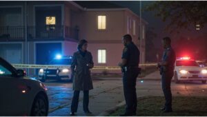 illusion Texas apartment crime scene at night with police cars, flashing lights, and investigators behind yellow crime scene tape."