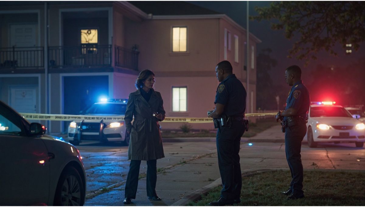 illusion Texas apartment crime scene at night with police cars, flashing lights, and investigators behind yellow crime scene tape."