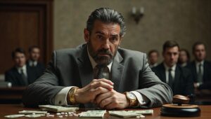 A symbolic illustration of a cartel leader in a U.S. courtroom, with imagery of money, drugs, and the Capitol in the background—representing the connection between organized crime, politics, and America’s economy.