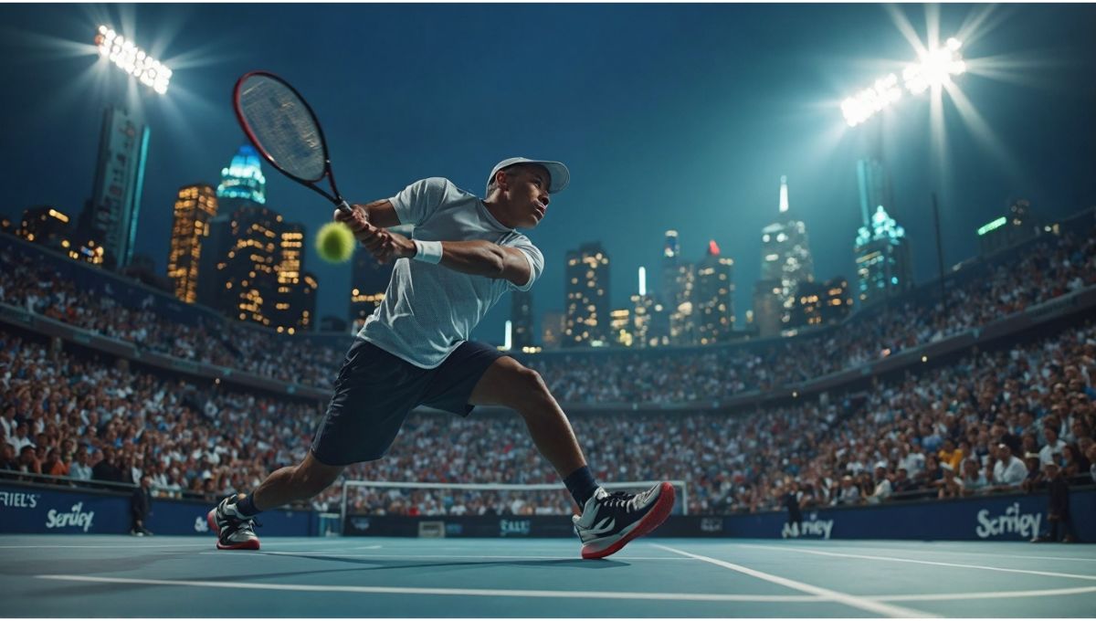 A symbolic illustration of a night match at Arthur Ashe Stadium during the US Open 2025, with roaring fans, glowing lights, and New York skyline in the background.