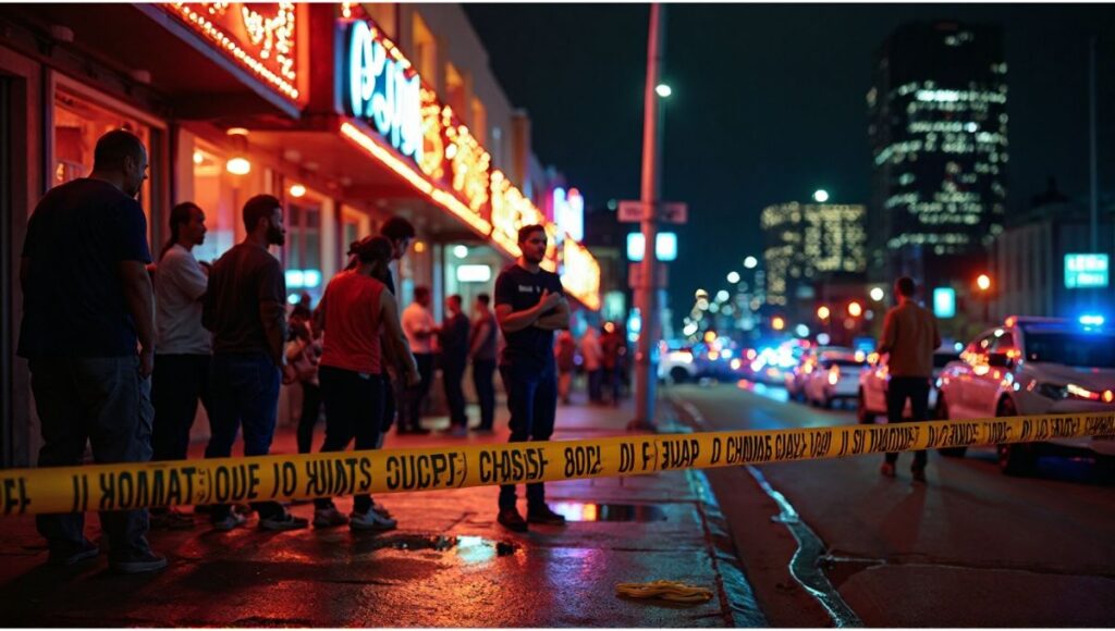 Houston police cars with flashing lights outside a nightclub after a mass shooting incident, crime scene tape and investigators on site, six victims reported injured.