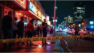 Houston police cars with flashing lights outside a nightclub after a mass shooting incident, crime scene tape and investigators on site, six victims reported injured.