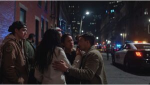 NYPD police cars with flashing lights and yellow crime scene tape in New York City, capturing the aftermath of Bronx shootings and the Midtown Manhattan mass shooting.