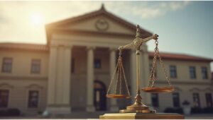 California courthouse with scales of justice symbolizing legal case.