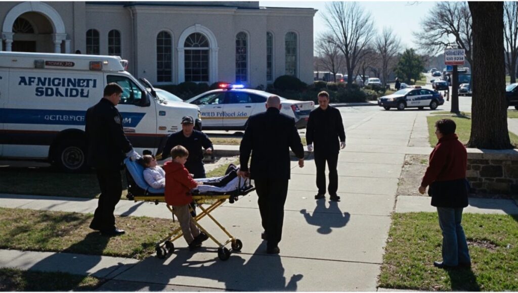 "Emergency response outside Annunciation Catholic School in Minneapolis after a tragic shooting. Police, paramedics, injured children, and anxious parents in a dramatic morning scene with shattered stained glass windows."