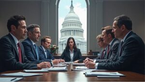 US political crisis illustration showing CDC leadership turmoil and Federal Reserve legal challenge in a professional meeting setting.