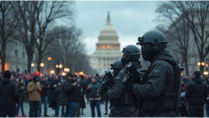 Illustration of political tension and federal security measures in Washington DC, symbolizing current U.S. political events.
