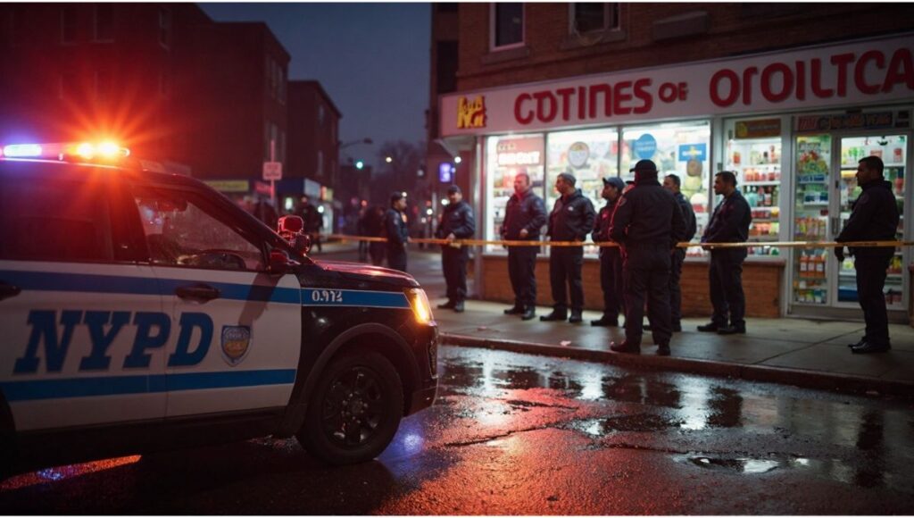illusion NYPD cruisers cast blue-red light on a Bronx block during increased patrols after a rise in shootings, as residents watch from nearby stoops.
