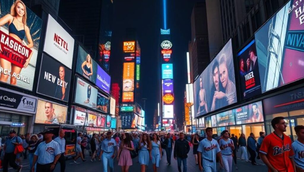 New York City Times Square on September 11, 2025 with Fashion Week, Yankees fans, and 9/11 memorial light beam