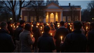 Candlelight vigil outside a Washington community center at dusk.