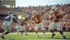 illusion College football game in Texas with Texas Longhorns and Ohio State Buckeyes in action.