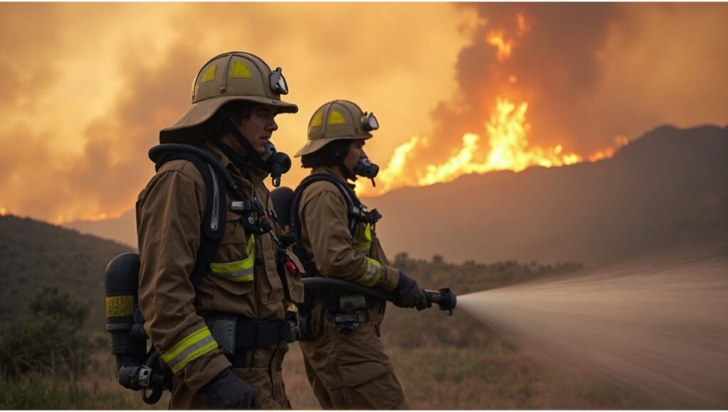 Illustration of California wildfires in 2025 with firefighters at work