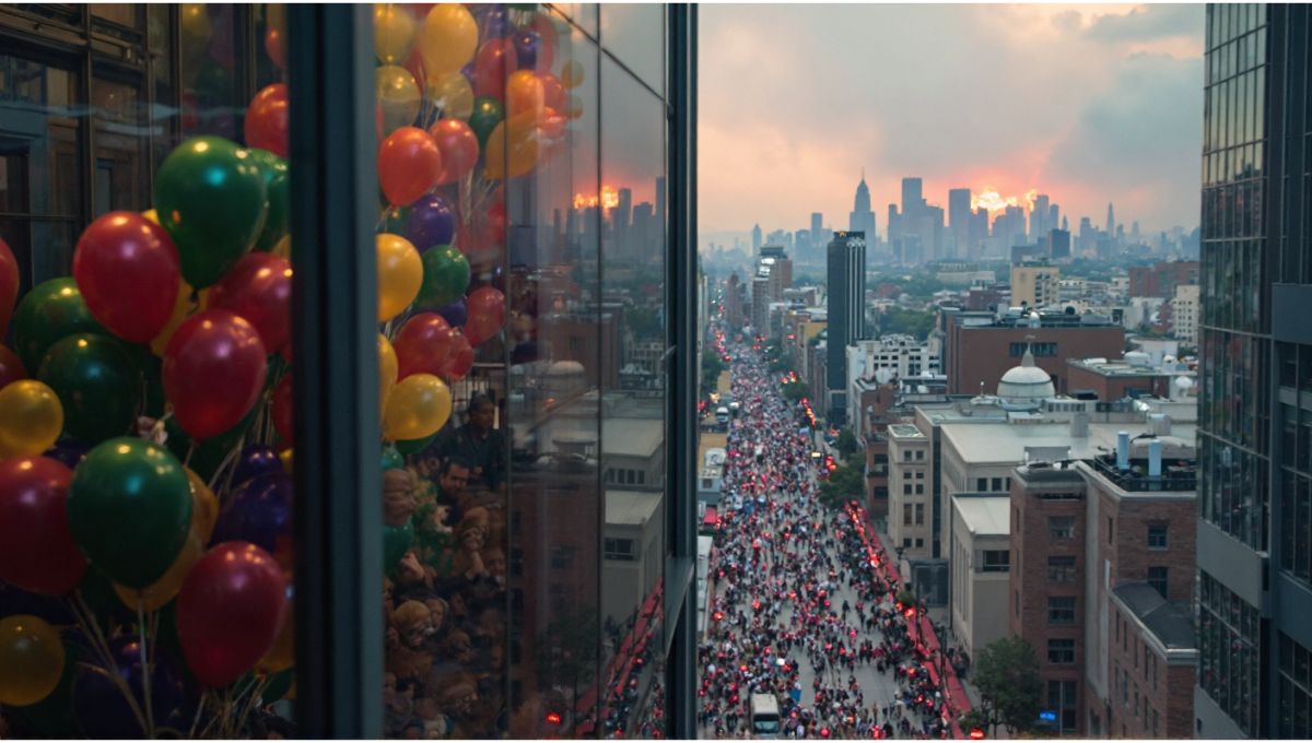 Illustration of New York on Labor Day 2025 with West Indian Day Parade in Brooklyn and firefighters tackling Long Island wildfires.